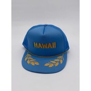 Vintage 80s Hawaii Trucker Hat Blue Gold Mesh Snapback Rope Cap V8